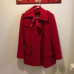 Red pea coat.